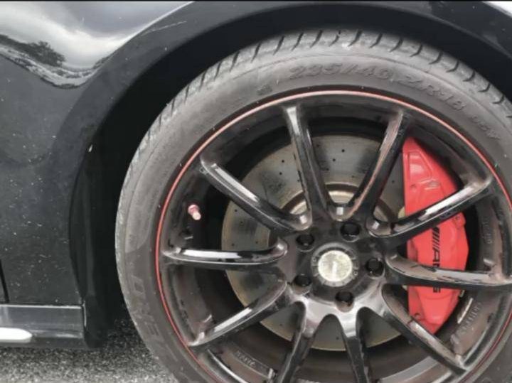 Black wheel with red AMG brake caliper on the 2016 Mercedes-AMG CLA 45