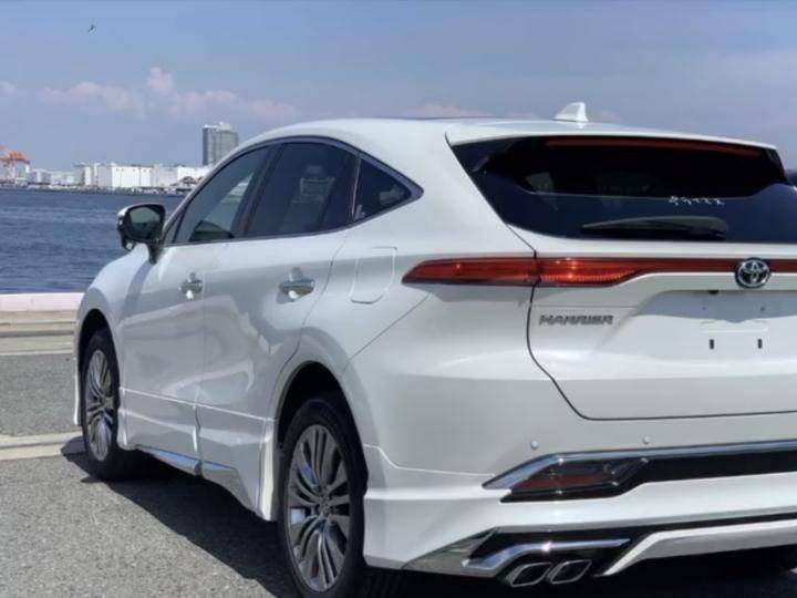 Pearl white 2021 Toyota Harrier Z, rear three-quarter view by the harbour